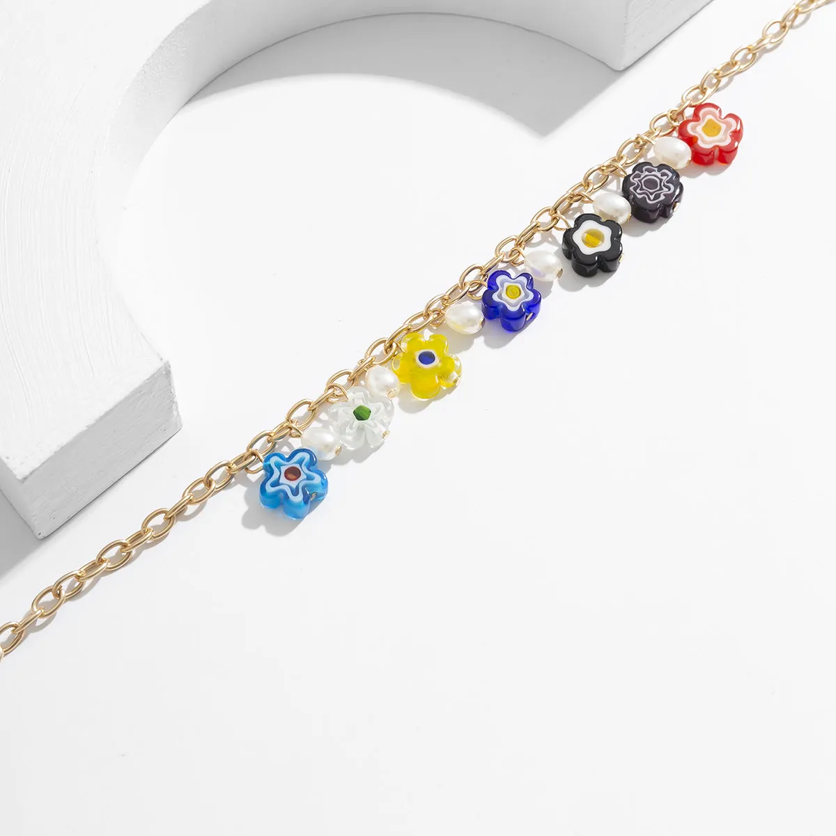 Pearl & Acrylic 18K Gold-Plated Flower Station Anklet
