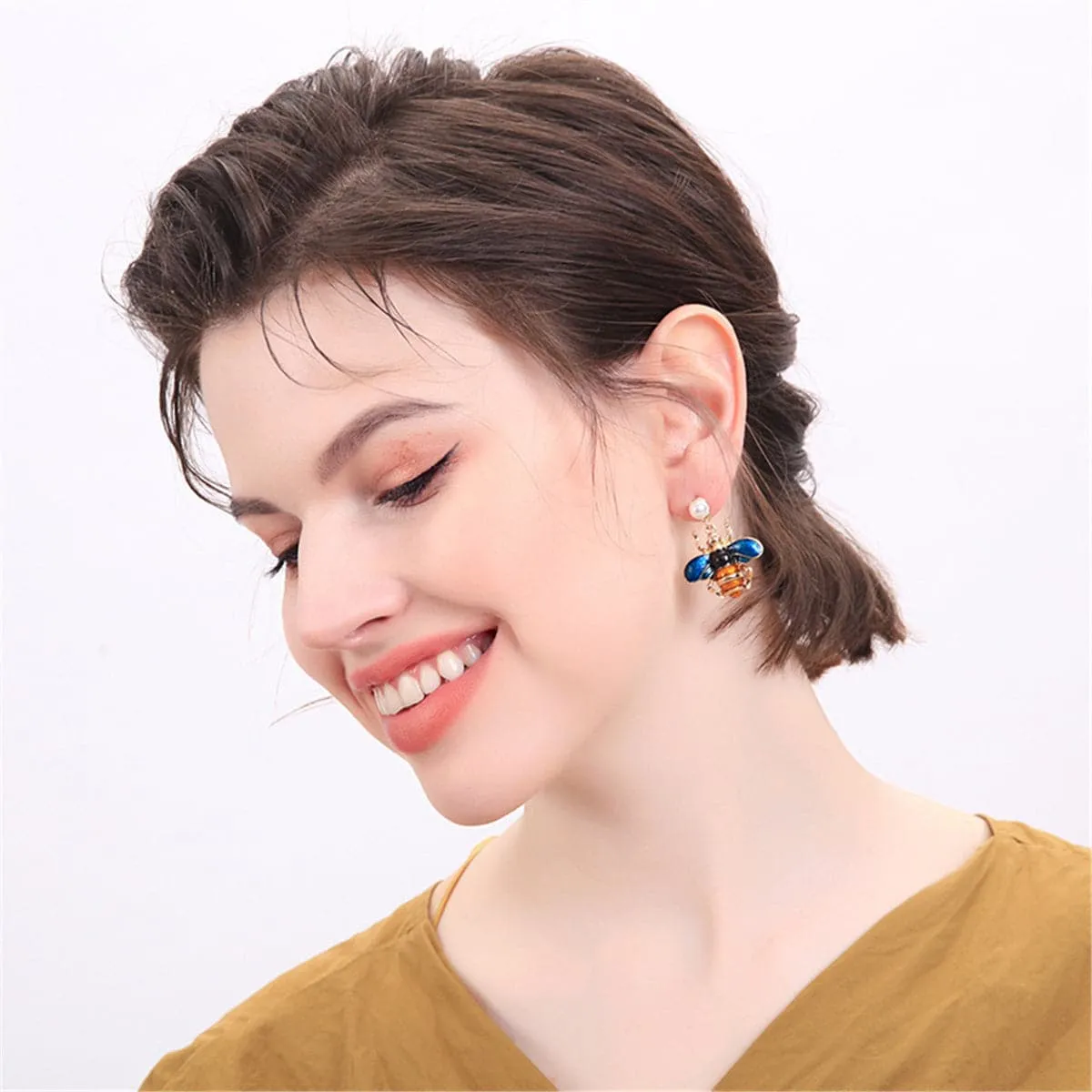 Pearl & Blue Enamel 18K Gold-Plated Bee Drop Earrings