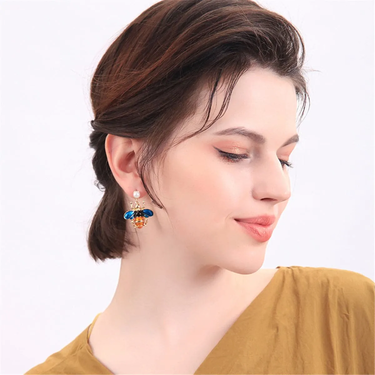 Pearl & Blue Enamel 18K Gold-Plated Bee Drop Earrings