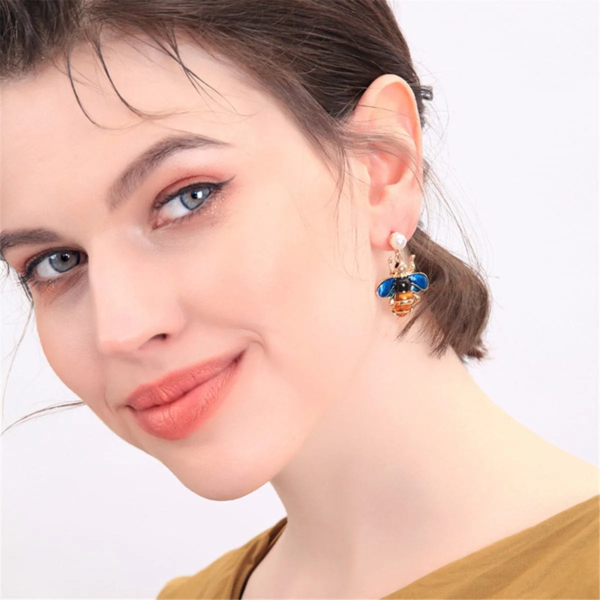 Pearl & Blue Enamel 18K Gold-Plated Bee Drop Earrings