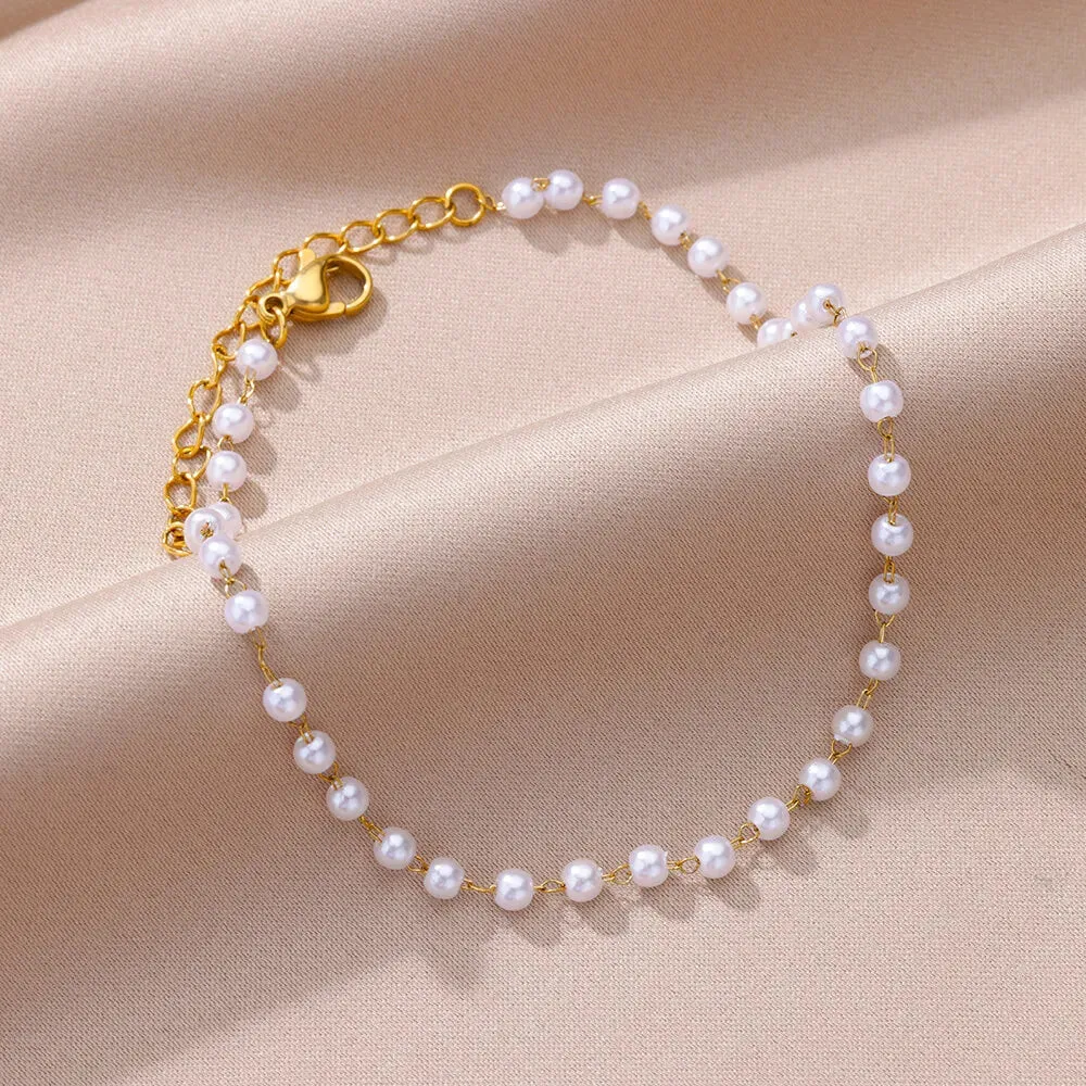 Pearl Bead Anklet for Women Foot Jewelry Accessories Stainless Steel Leg Bracelet Trend Body Chain Aesthetic Barefoot Decorate