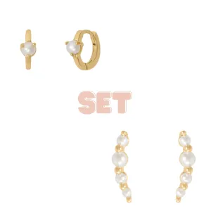 Pearl Climber and Huggie Earring Set