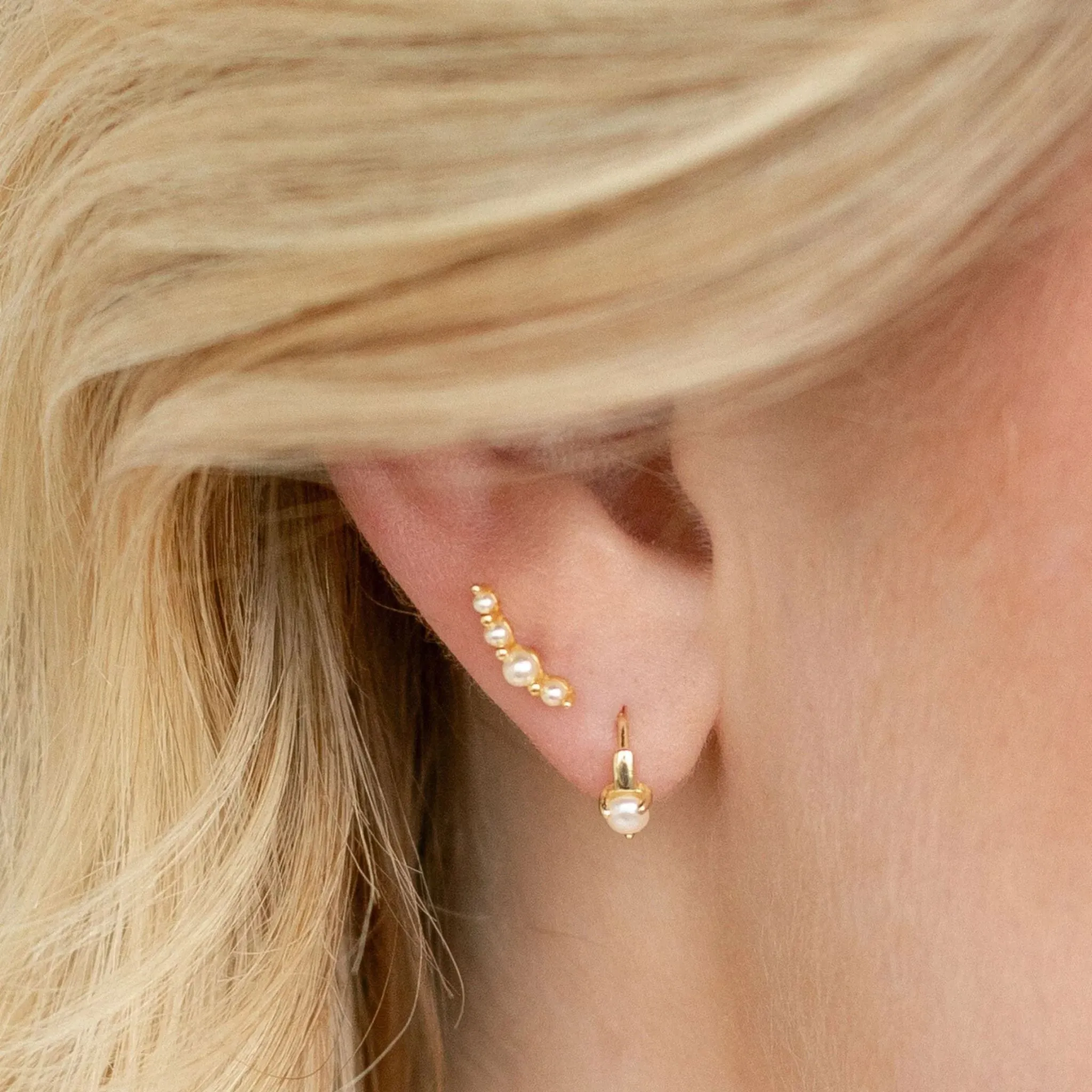 Pearl Climber and Huggie Earring Set