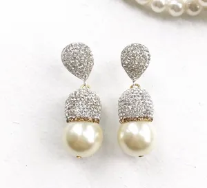 Pearl Drop Earrings with CZ Accents - Vintage-Inspired Double Drop Setting, 1.5in Length, Yellow Gold Plated Brass.