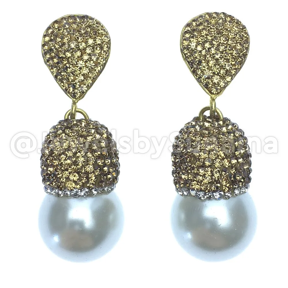 Pearl Drop Earrings with CZ Accents - Vintage-Inspired Double Drop Setting, 1.5in Length, Yellow Gold Plated Brass.