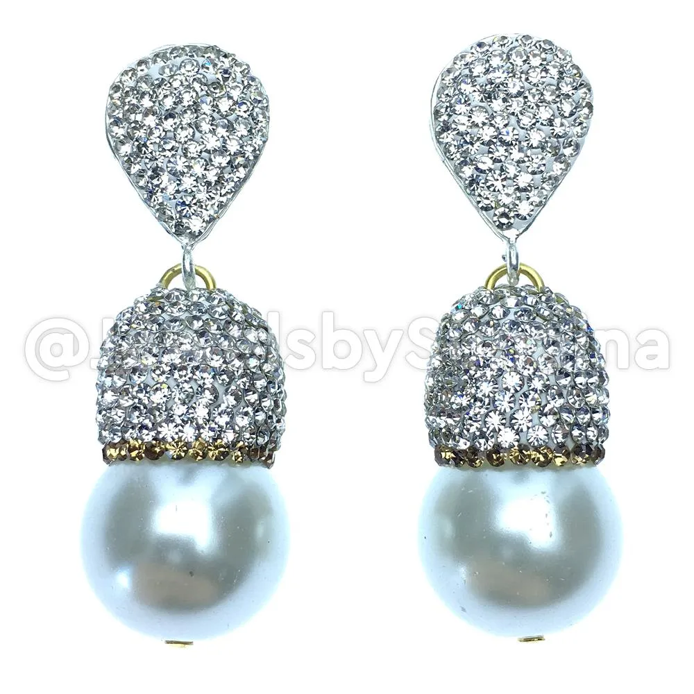 Pearl Drop Earrings with CZ Accents - Vintage-Inspired Double Drop Setting, 1.5in Length, Yellow Gold Plated Brass.