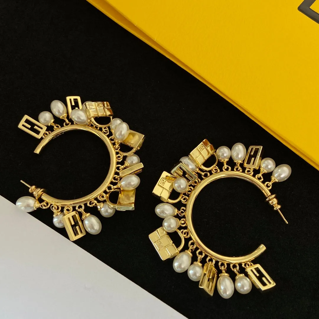 Pearl Logo Dangle Hoop Earrings