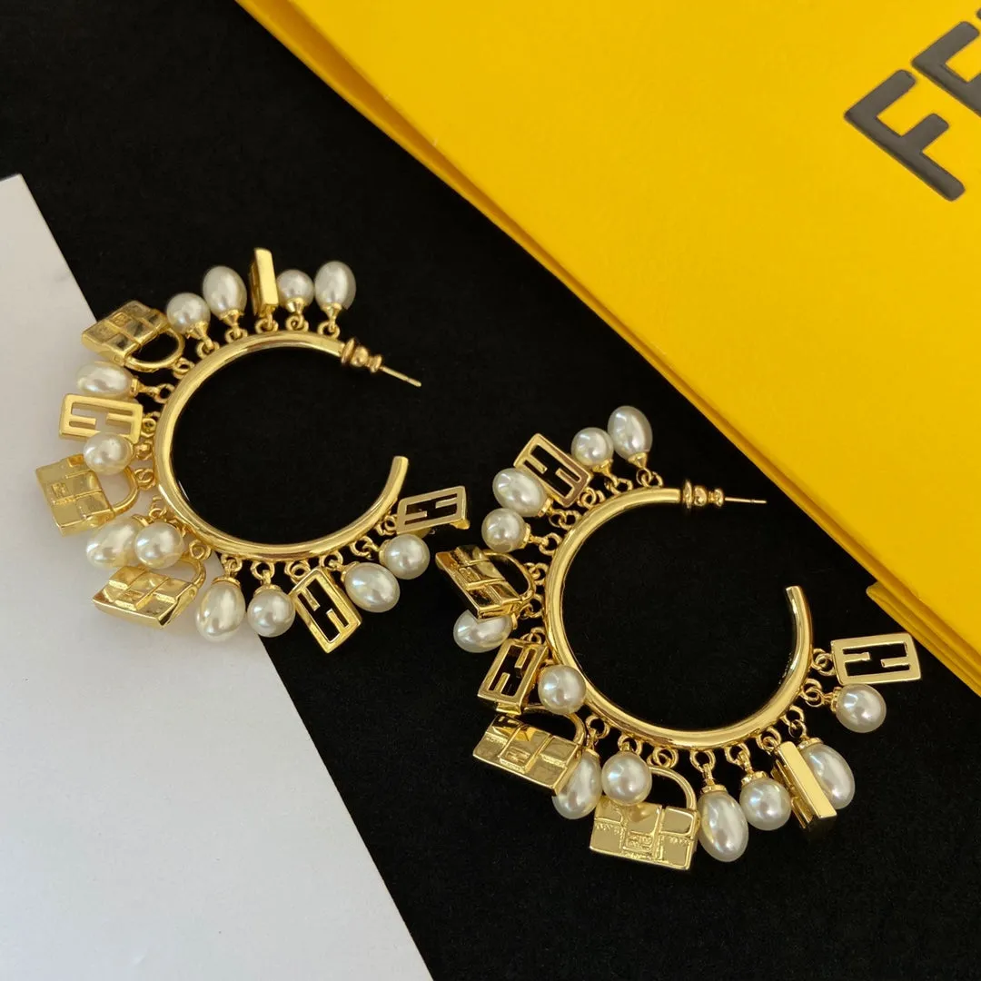Pearl Logo Dangle Hoop Earrings