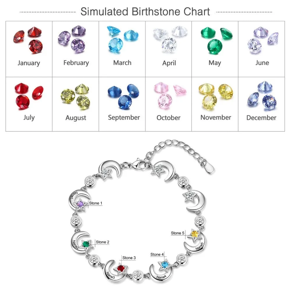 Personalized 4 Birthstone Star Moon Chain Bracelets For Women