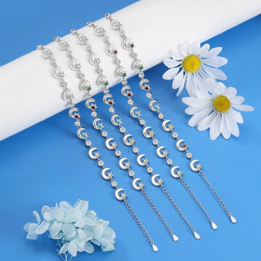 Personalized 4 Birthstone Star Moon Chain Bracelets For Women