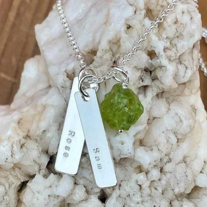 Personalized Gold Bar Name Necklace with Natural Birthstones