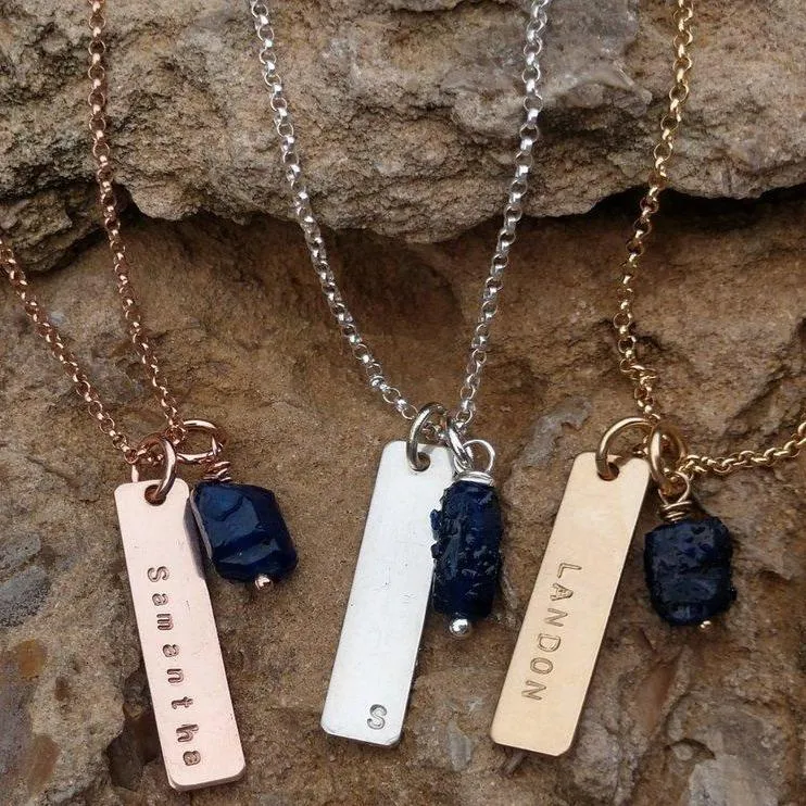 Personalized Gold Bar Name Necklace with Natural Birthstones