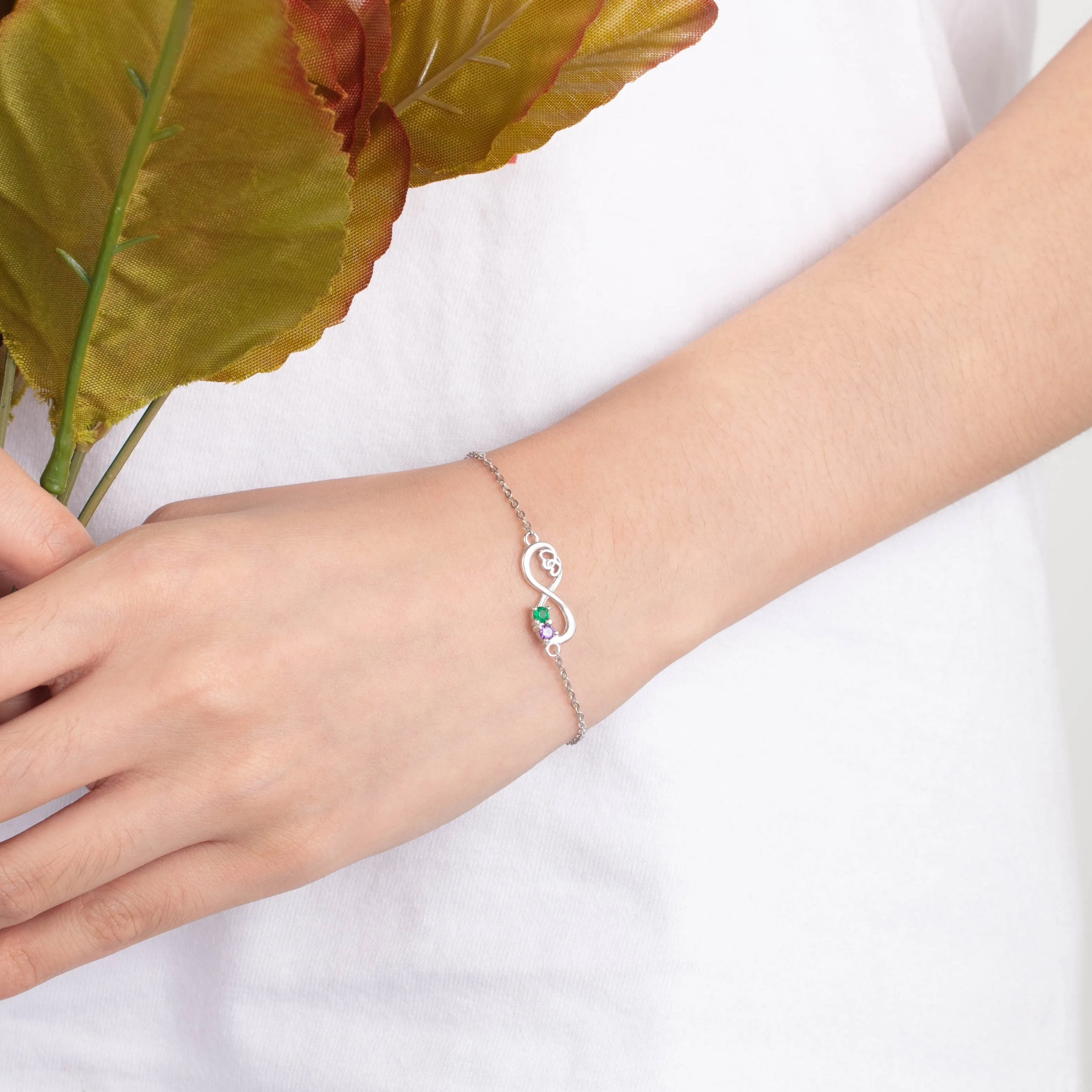 Personalized Heart Chain Infinity Bangle Bracelets with 2 Customized Birthstone, Birthday Gift Bracelet for Women