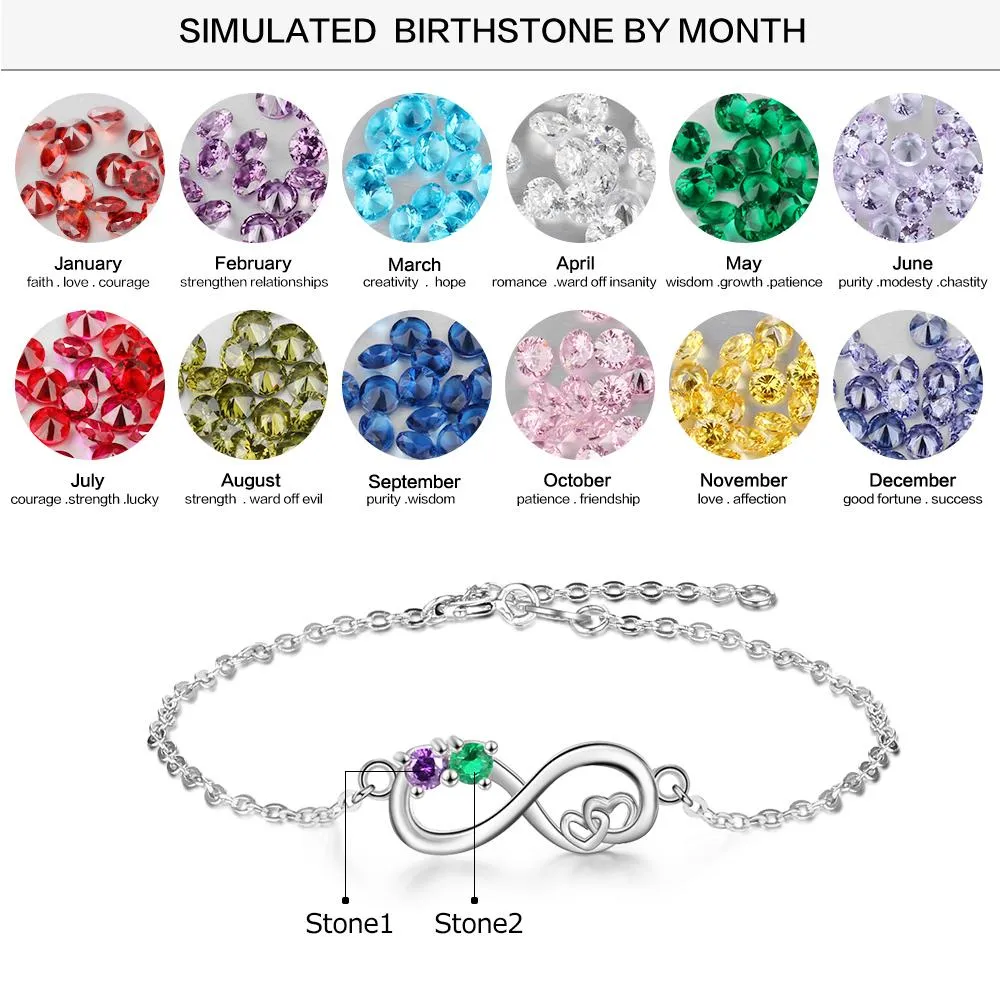 Personalized Heart Chain Infinity Bangle Bracelets with 2 Customized Birthstone, Birthday Gift Bracelet for Women