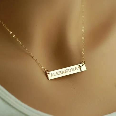 Personalized Name Bar Necklace w/ Cross Design & 18" Chain Jewelry