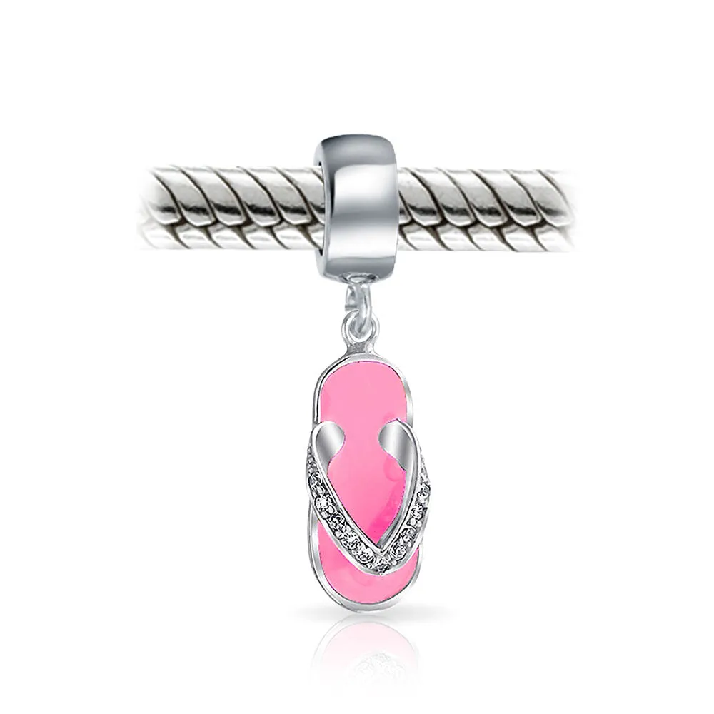 Personalized Pink Orange Flip Flop CZ Dangle Charm Bead for Travel Bracelets