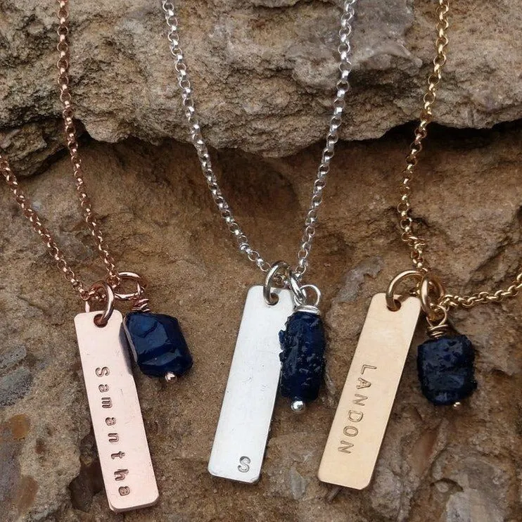 Personalized Sterling Silver Bar Necklace with Natural Birthstones | Name Necklace