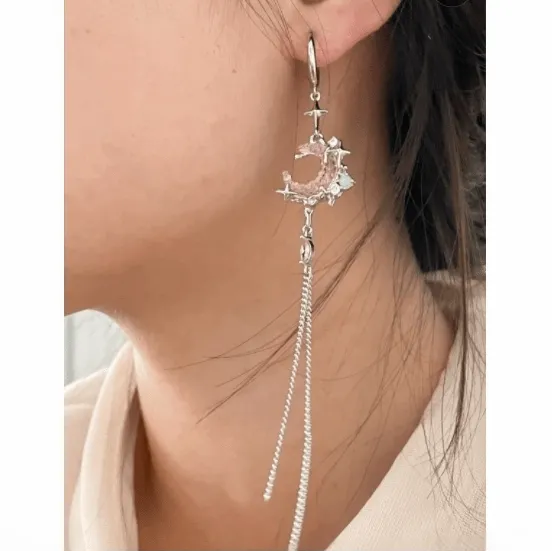 Pink Crystal Moon Star Long Chain Dangle Hoop Earrings