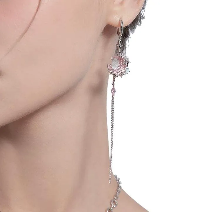 Pink Crystal Moon Star Long Chain Dangle Hoop Earrings