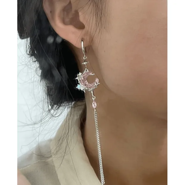 Pink Crystal Moon Star Long Chain Dangle Hoop Earrings