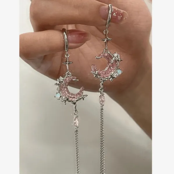 Pink Crystal Moon Star Long Chain Dangle Hoop Earrings
