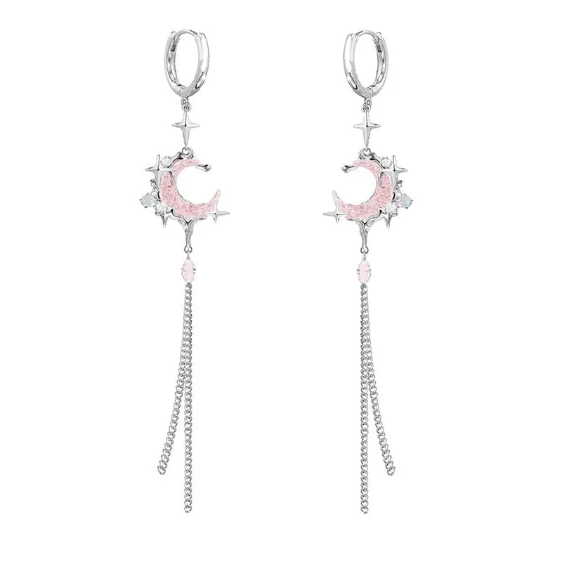 Pink Crystal Moon Star Long Chain Dangle Hoop Earrings
