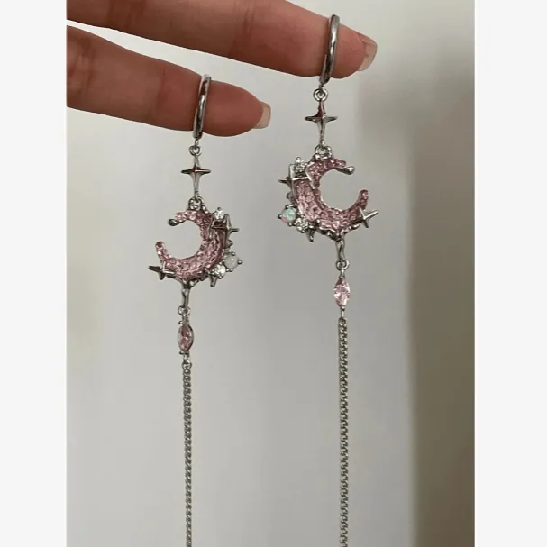 Pink Crystal Moon Star Long Chain Dangle Hoop Earrings