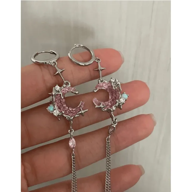 Pink Crystal Moon Star Long Chain Dangle Hoop Earrings