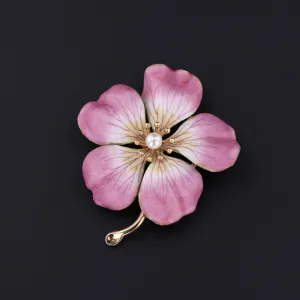 Pink Enamel Dog Rose Flower Brooch | 14k Gold Flower Brooch