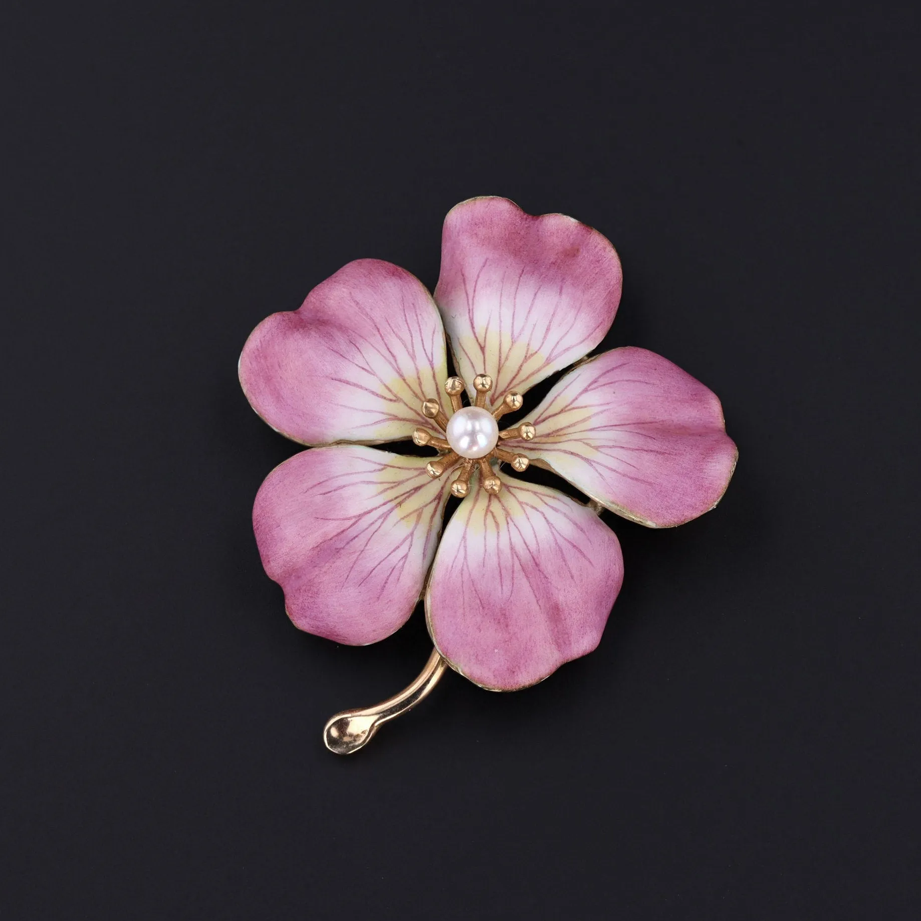 Pink Enamel Dog Rose Flower Brooch | 14k Gold Flower Brooch