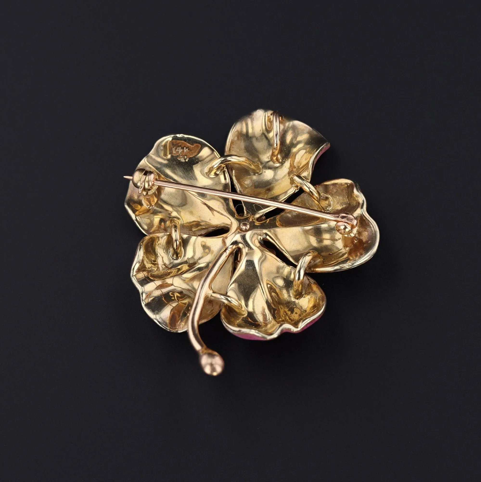 Pink Enamel Dog Rose Flower Brooch | 14k Gold Flower Brooch