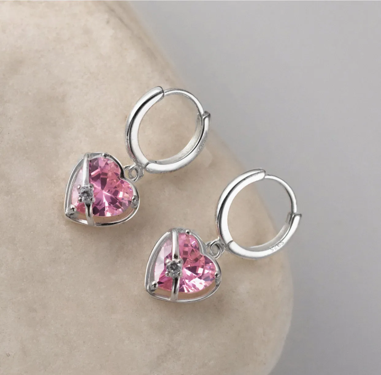 Pink Heart Dangle Hoop Earrings-SH070