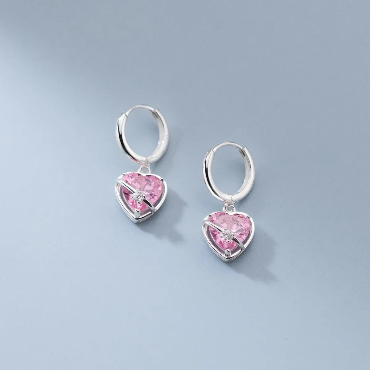 Pink Heart Dangle Hoop Earrings-SH070
