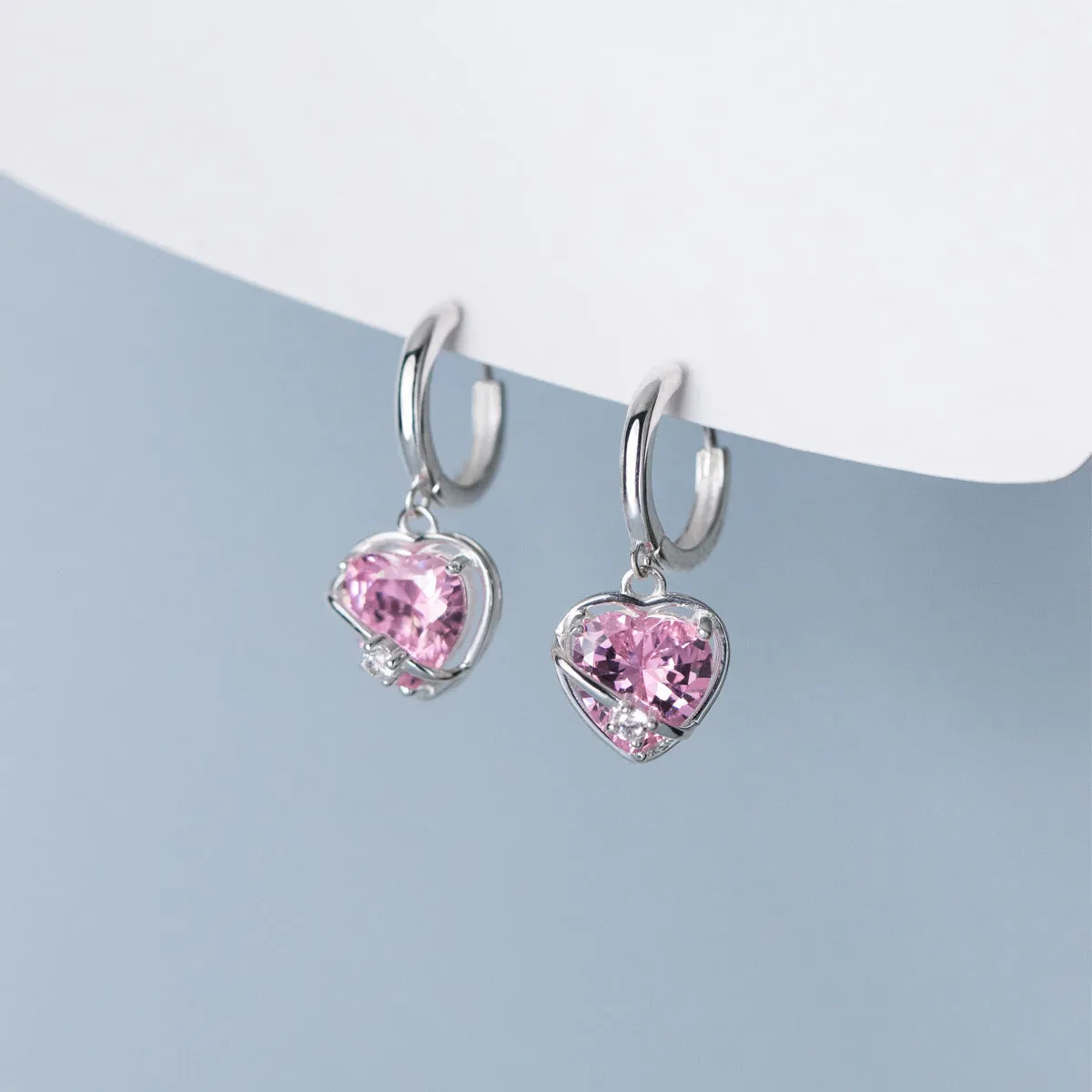 Pink Heart Dangle Hoop Earrings-SH070