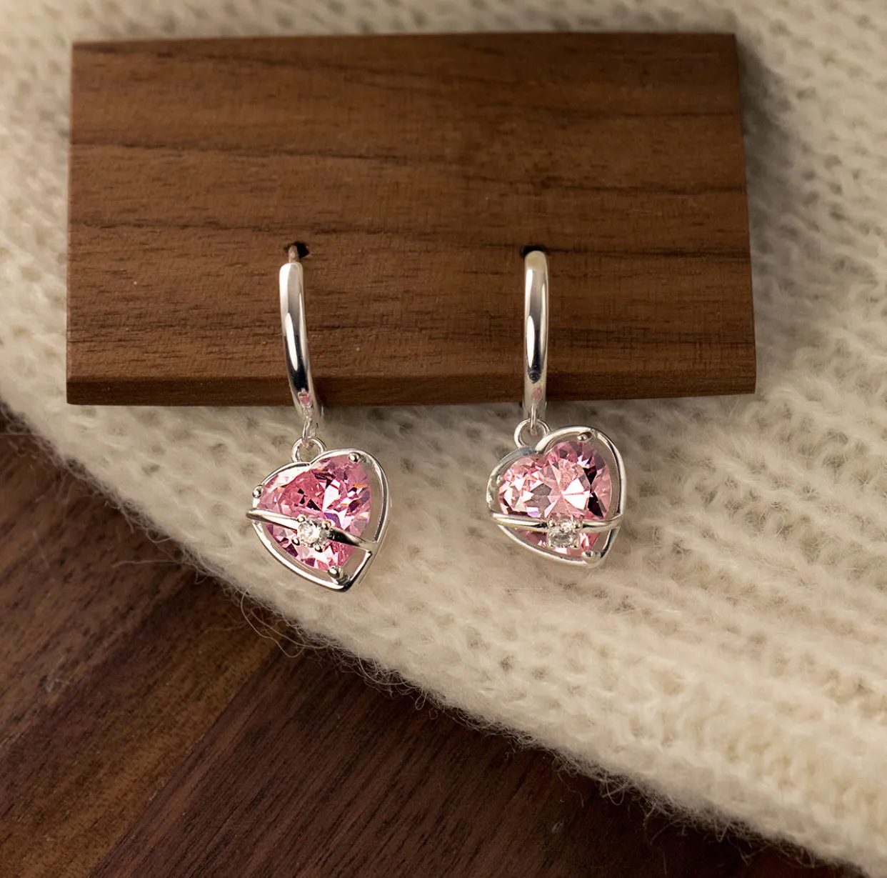 Pink Heart Dangle Hoop Earrings-SH070