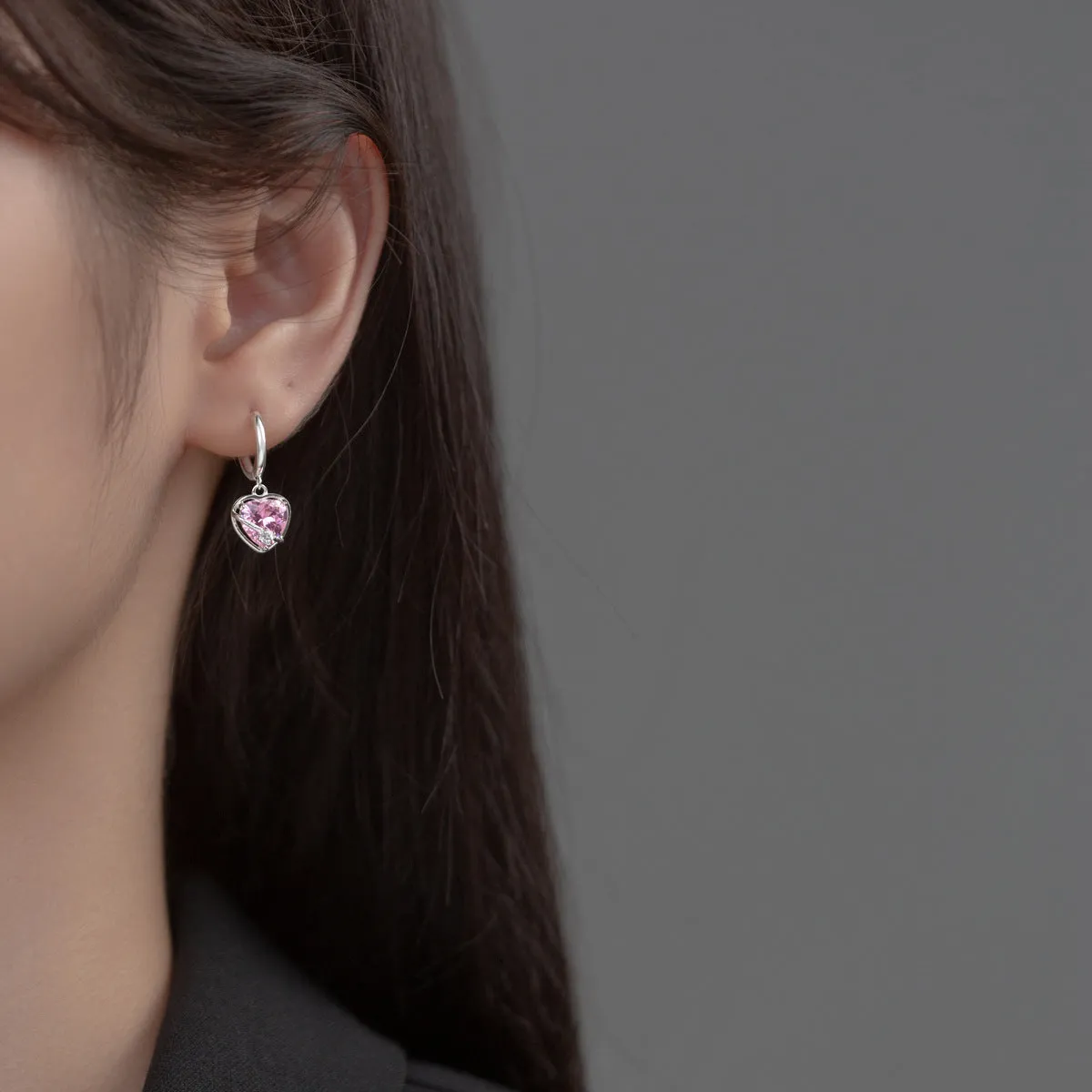 Pink Heart Dangle Hoop Earrings-SH070