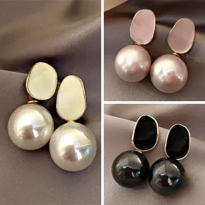Pink White Pearl Dangle Earrings for Women Black Geometric Acrylic Round Ball Pendants Drop Earrings Elegant Ear Jewelry