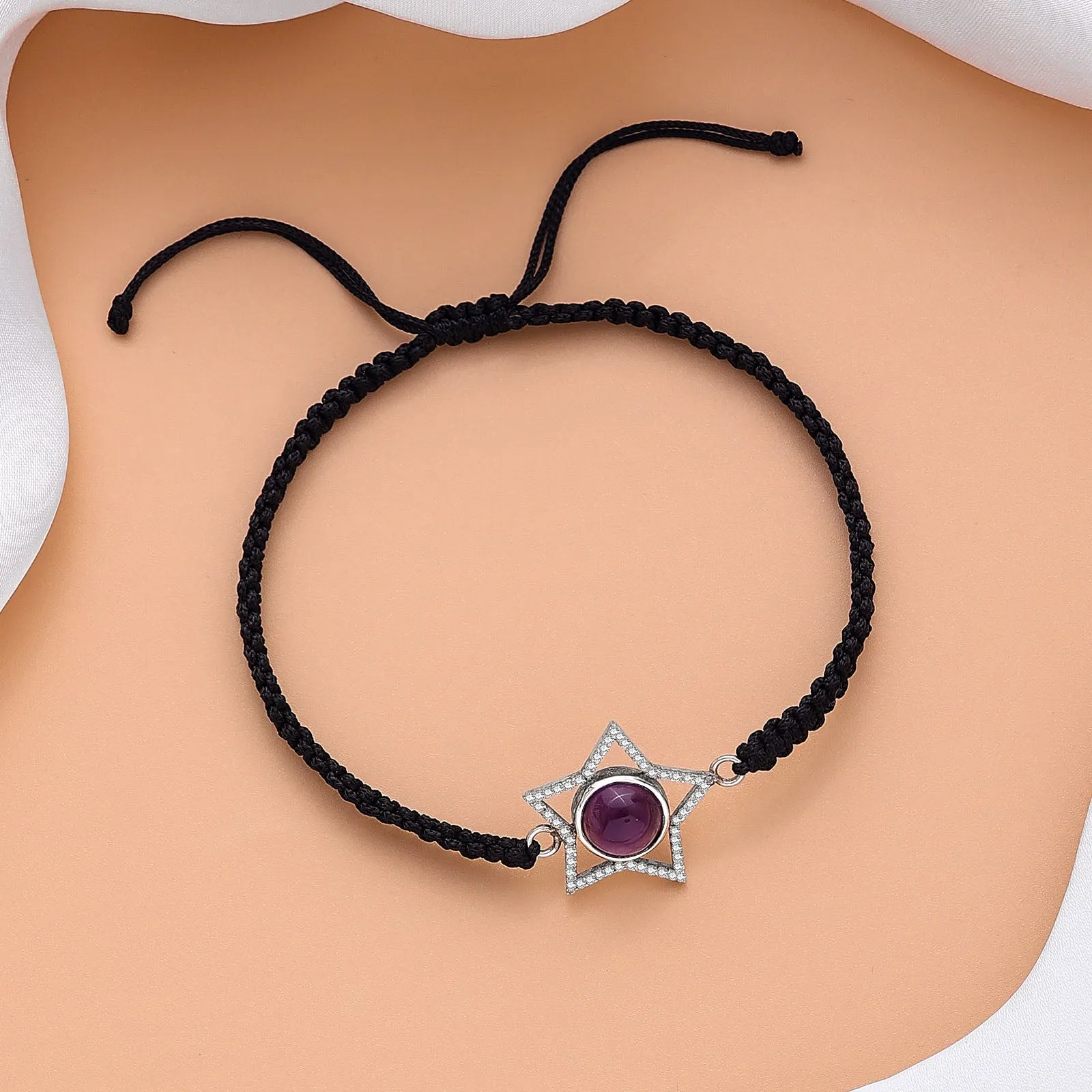 Pure Silver Blue Moon Star Black Thread Anklet