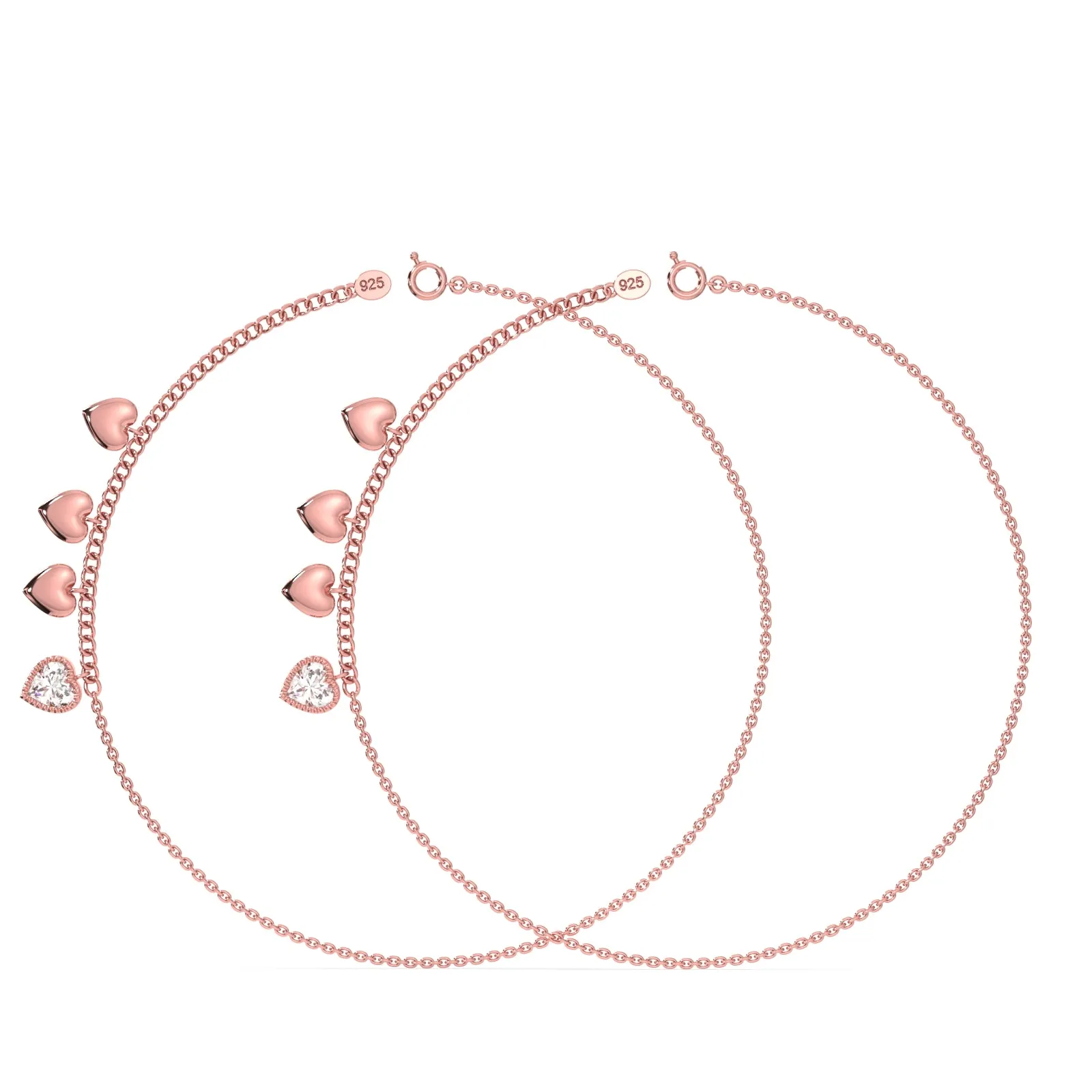 Quad Heart Charm Anklet in 92.5 Sterling Silver