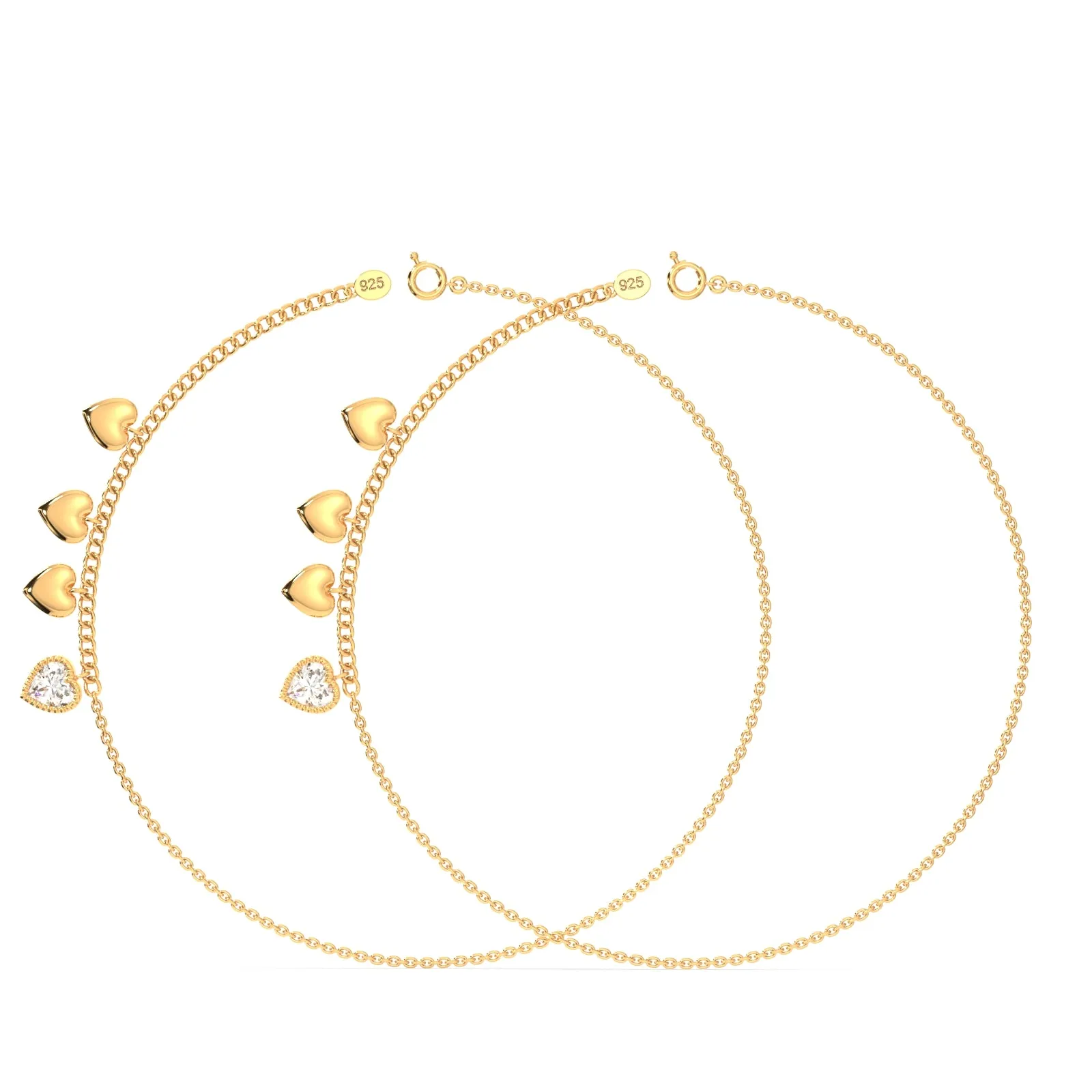 Quad Heart Charm Anklet in 92.5 Sterling Silver