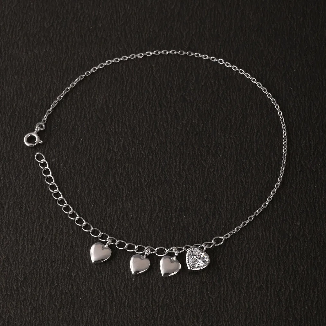 Quad Heart Charm Anklet in 92.5 Sterling Silver