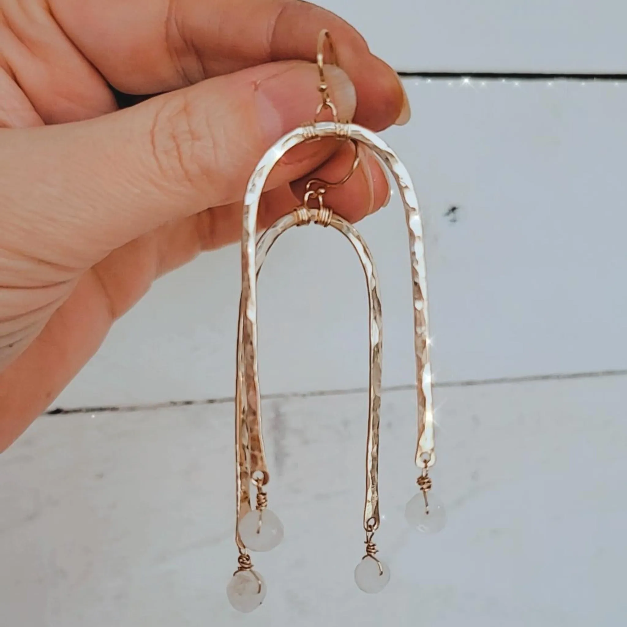 Rainbow and Stone Dangle Earrings - Large or Small - Sterling, Gold or Rose Gold
