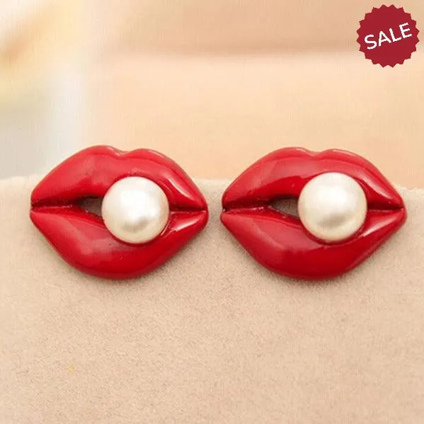 Red Enamel Lips Pearl (faux) Earrings
