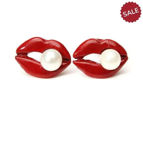 Red Enamel Lips Pearl (faux) Earrings