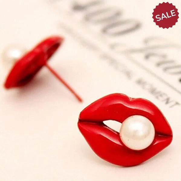 Red Enamel Lips Pearl (faux) Earrings