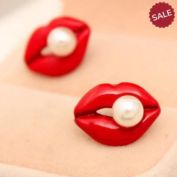 Red Enamel Lips Pearl (faux) Earrings
