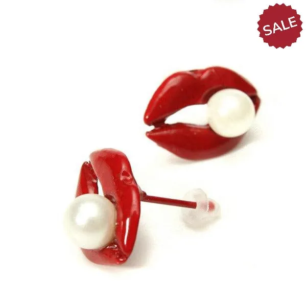 Red Enamel Lips Pearl (faux) Earrings