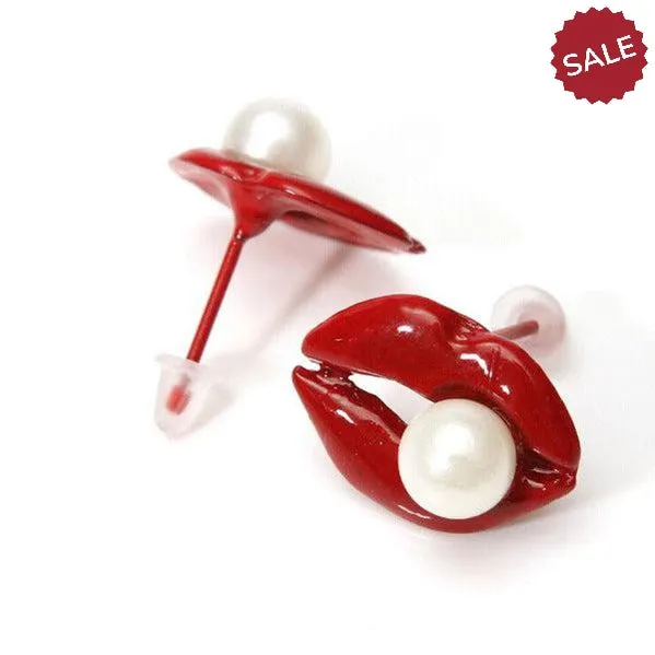 Red Enamel Lips Pearl (faux) Earrings