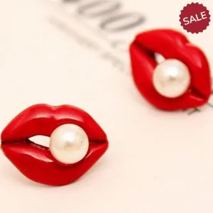 Red Enamel Lips Pearl (faux) Earrings