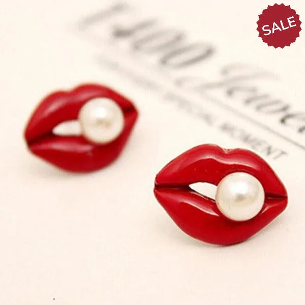 Red Enamel Lips Pearl (faux) Earrings